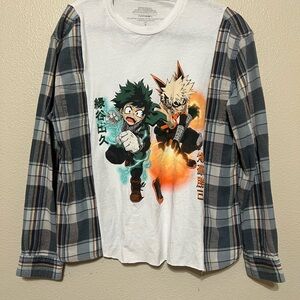 Plaid Sleeve Anime Graphic Shirt